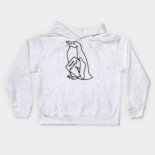 Cute Christmas Penguin says Happy Holidays Line Drawing Kids Hoodie by ellenhenryart